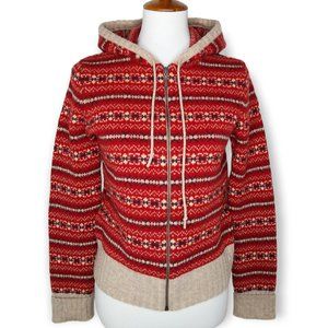 Vintage Y2K Old Navy Lambswool Hooded Cardigan Sweater Size M Nordic Print Red